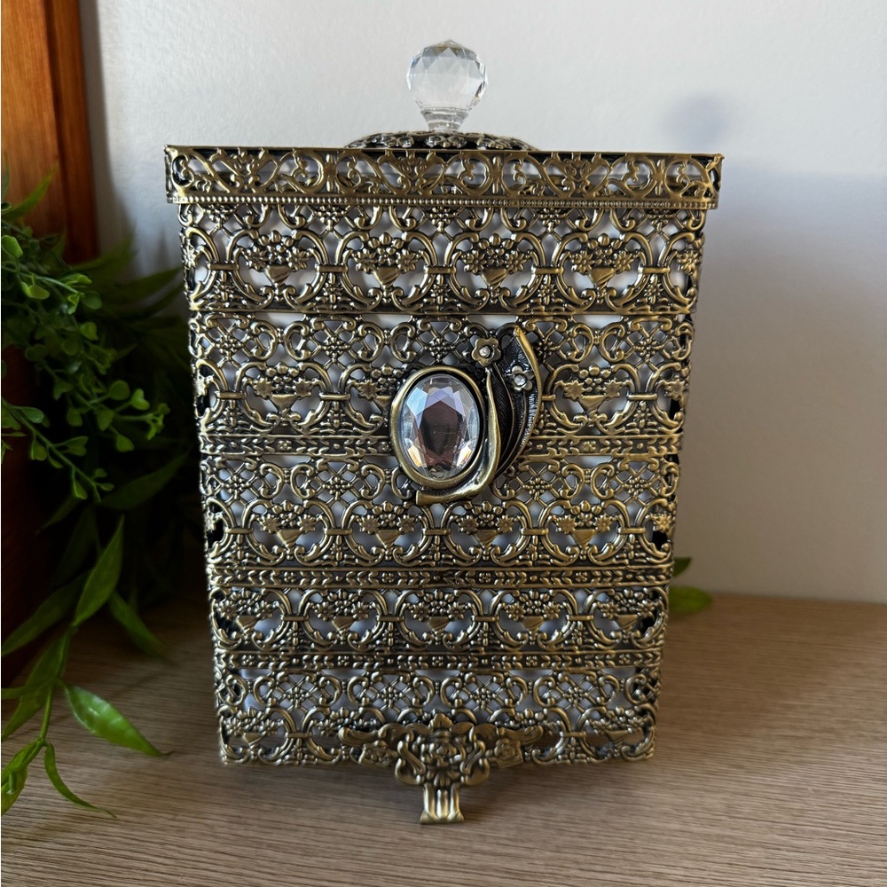 Elegant Gold Colored Trash Can with Crystal Accents